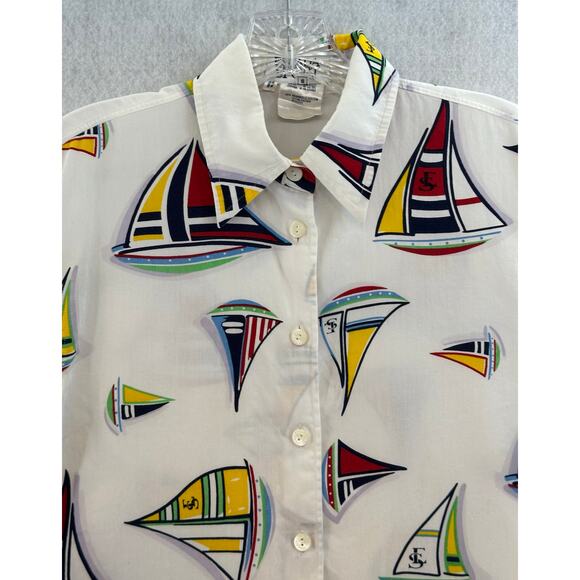 Escada Sport Size Small Top Button Down Sail Boat Short Sleeve Collar Nautical - Picture 4 of 9